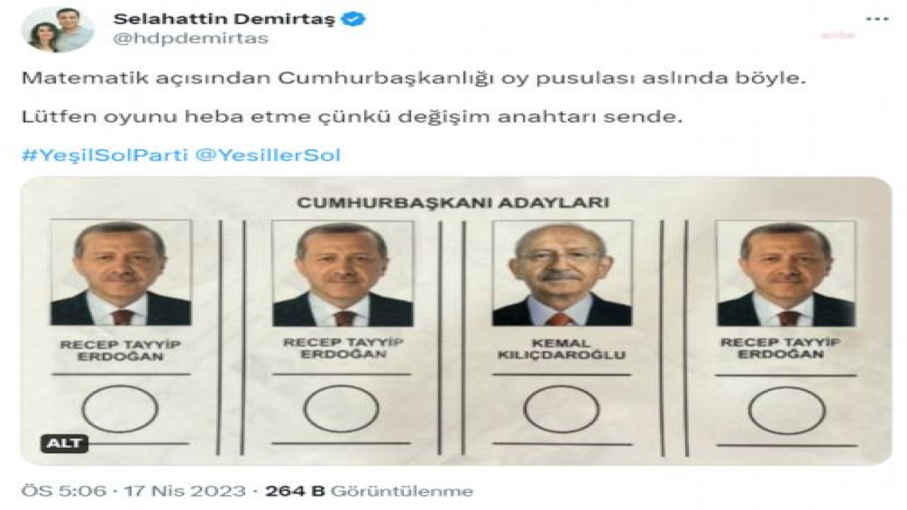 DEMİRTAŞ SADECE ERDOĞAN VE KILIÇDAROĞLU’NUN BULUNDUĞU OY PUSULASINI PAYLAŞTI: “MATEMATİK AÇISINDAN CUMHURBAŞKANLIĞI OY PUSULASI ASLINDA BÖYLE. LÜTFEN OYUNU HEBA ETME ÇÜNKÜ DEĞİŞİM ANAHTARI SENDE”