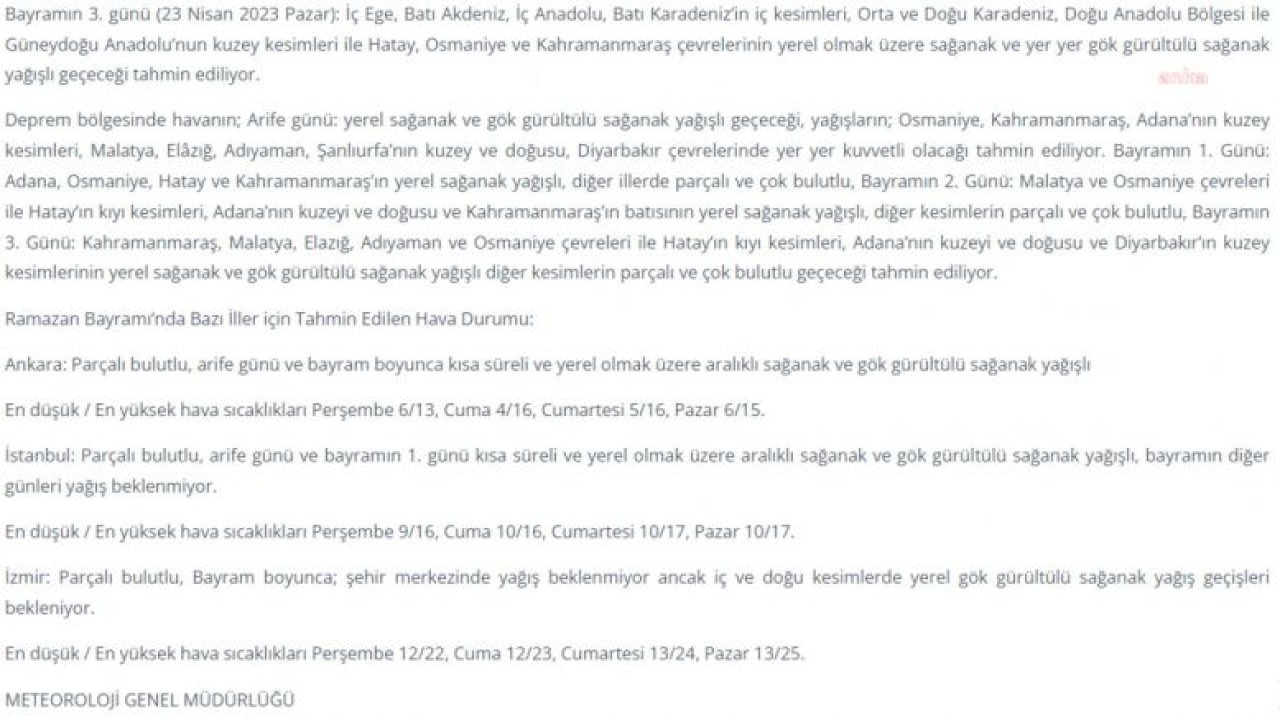 METEOROLOJİ: ARİFE GÜNÜ VE RAMAZAN BAYRAMI'NDA ÜLKEMİZİN BÜYÜK BÖLÜMÜNÜN YAĞIŞLI GEÇECEĞİ TAHMİN EDİLİYOR