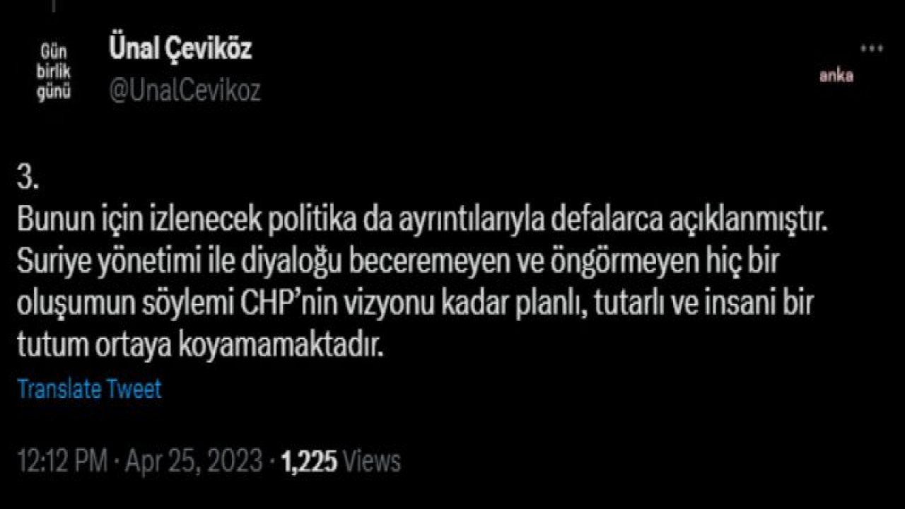 ÜNAL ÇEVİKÖZ: “CHP’NİN SURİYELİLER İLE İLGİLİ TUTUMU BELLİDİR. GERİ DÖNÜŞ, 2 YIL İÇİNDE DAVUL VE ZURNAYLA GÜLE OYNAYA VE GÖNÜLLÜ OLARAK GERÇEKLEŞECEKTİR”