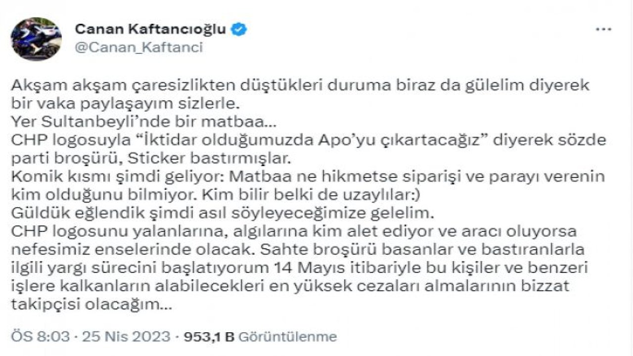 CANAN KAFTANCIOĞLU’NDAN “SAHTE BROŞÜR" TEPKİSİ: “CHP LOGOSUYLA ‘İKTİDAR OLDUĞUMUZDA APO’YU ÇIKARTACAĞIZ’ DİYEREK SÖZDE PARTİ BROŞÜRÜ, STİCKER BASTIRMIŞLAR”