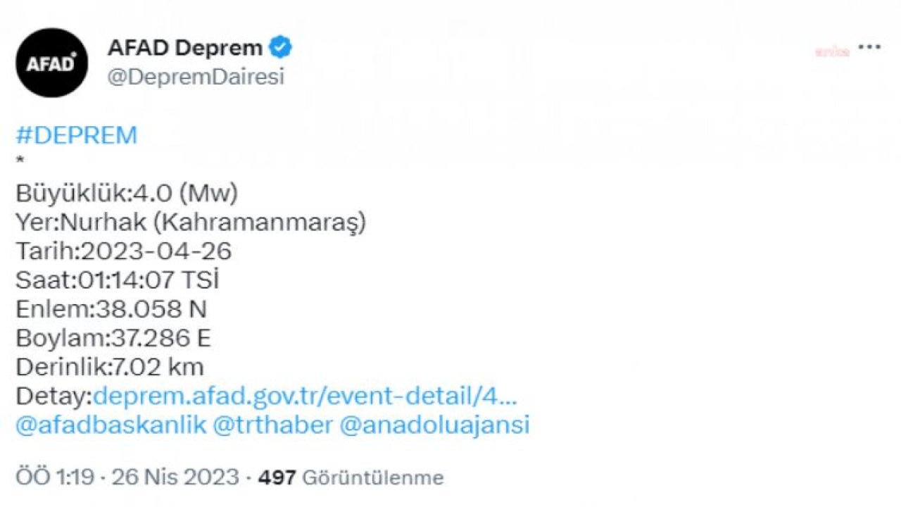 KAHRAMANMARAŞ NURHAK'TA 4 BÜYÜKLÜĞÜNDE DEPREM OLDU