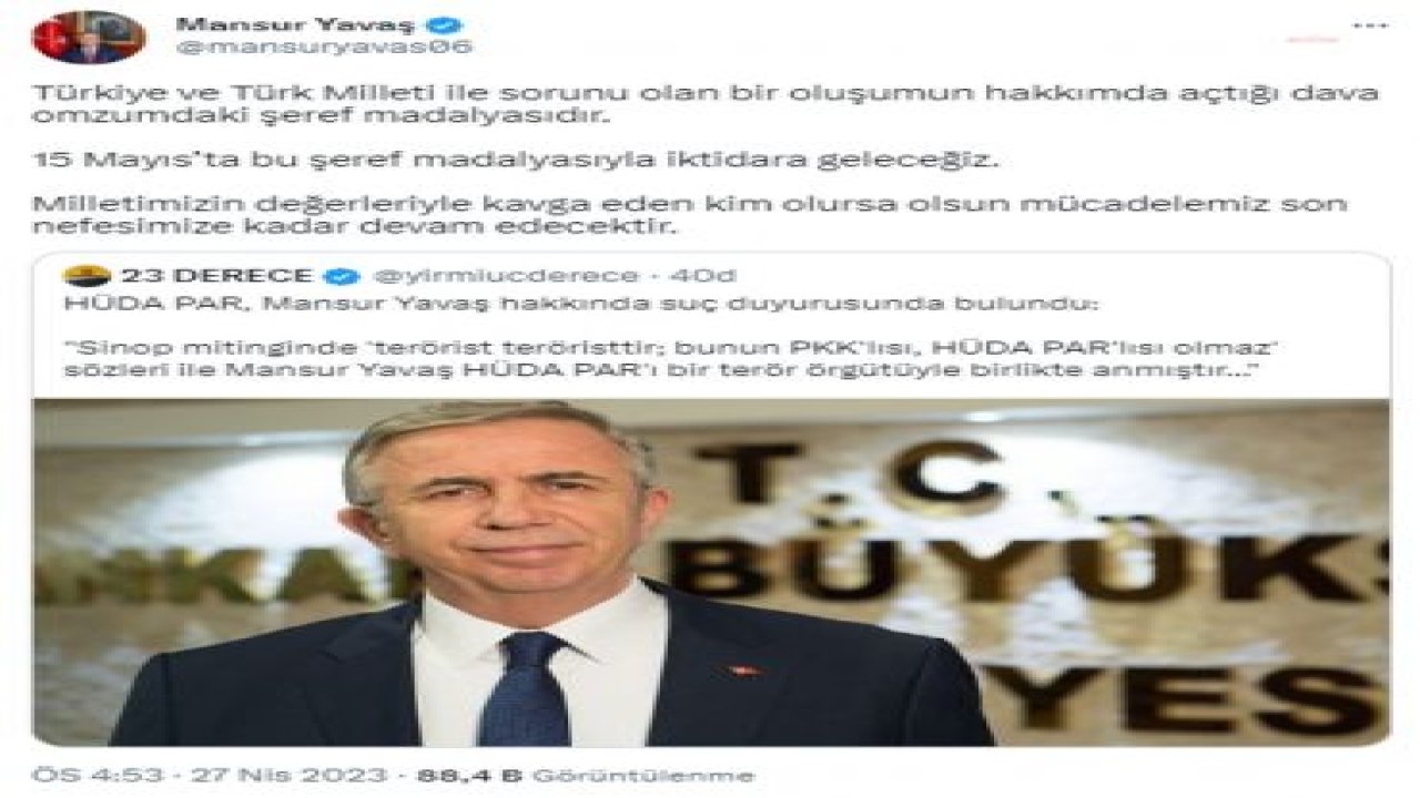 MANSUR YAVAŞ: “TÜRKİYE VE TÜRK MİLLETİ İLE SORUNU OLAN BİR OLUŞUMUN HAKKIMDA AÇTIĞI DAVA OMZUMDAKİ ŞEREF MADALYASIDIR”