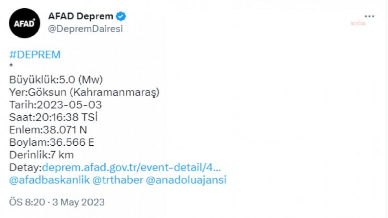 KAHRAMANMARAŞ GÖKSUN'DA 5 BÜYÜKLÜĞÜNDE DEPREM OLDU