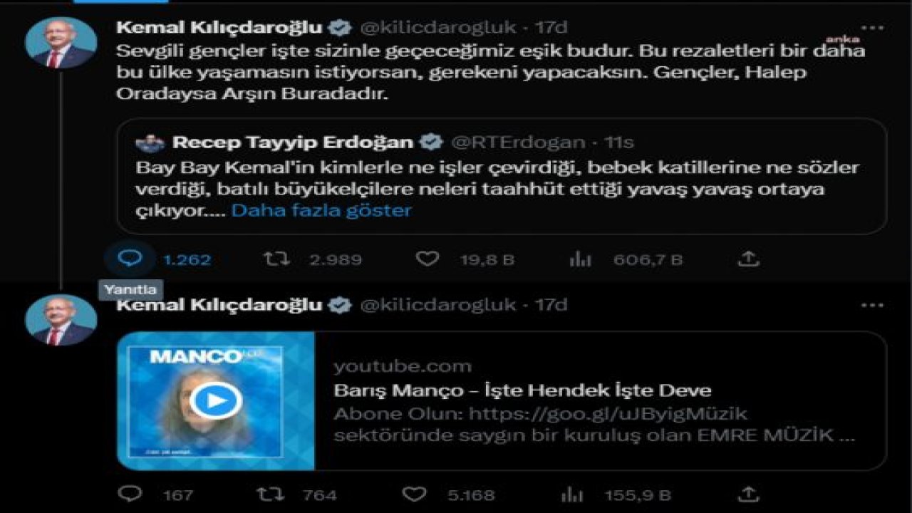 KILIÇDAROĞLU’NDAN ERDOĞAN’A “BARIŞ MANÇO’LU” YANIT: “BU REZALETLERİ BİR DAHA BU ÜLKE YAŞAMASIN İSTİYORSAN, GEREKENİ YAPACAKSIN. GENÇLER, HALEP ORADAYSA ARŞIN BURADADIR”