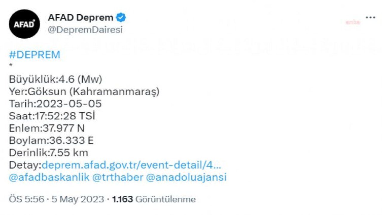 KAHRAMANMARAŞ GÖKSUN'DA 4.6 BÜYÜKLÜĞÜNDE DEPREM OLDU