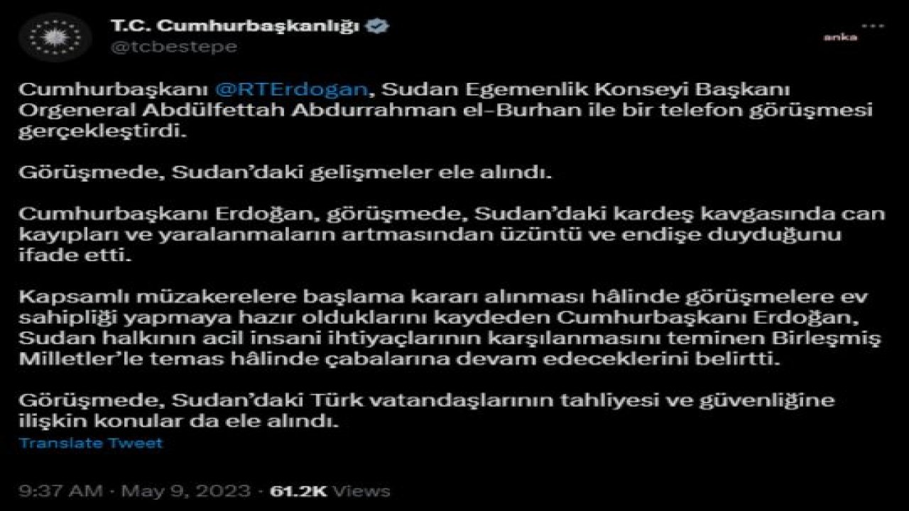 CUMHURBAŞKANI ERDOĞAN, SUDAN EGEMENLİK KONSEYİ BAŞKANI ORGENERAL EL-BURHAN İLE GÖRÜŞTÜ