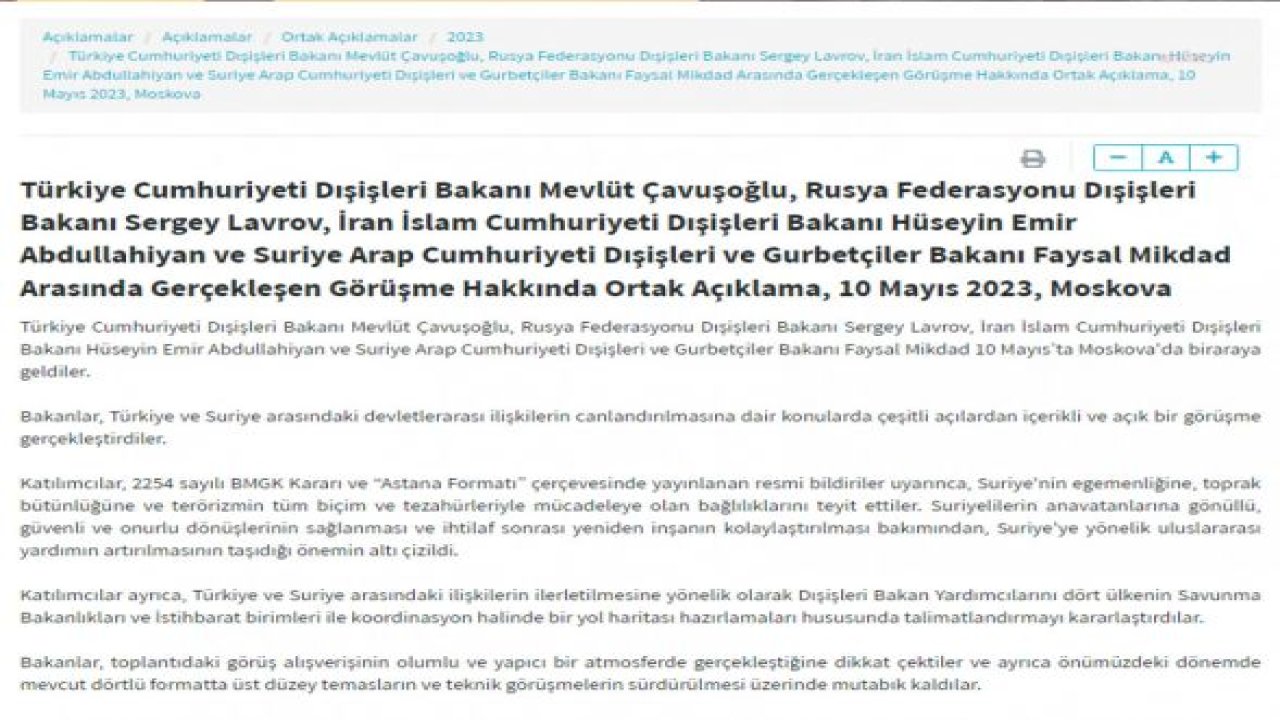 MOSKOVA'DAKİ DÖRTLÜ TOPLANTI SONA ERDİ... DIŞİŞLERİ BAKANLIĞI: BAKANLAR ÖNÜMÜZDEKİ DÖNEMDE DÖRTLÜ FORMATTA ÜST DÜZEY TEMASLARIN VE TEKNİK GÖRÜŞMELERİN SÜRDÜRÜLMESİ ÜZERİNDE MUTABIK KALDILAR