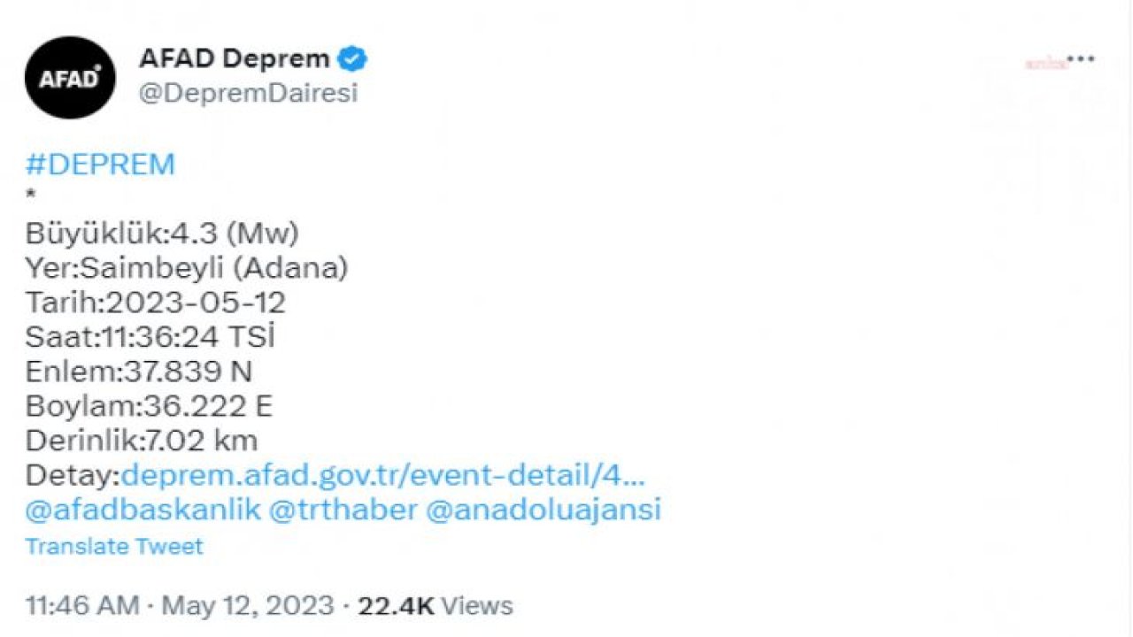 ADANA SAİMBEYLİ’DE 4.5 VE 4.3 BÜYÜKLÜĞÜNDE İKİ DEPREM OLDU