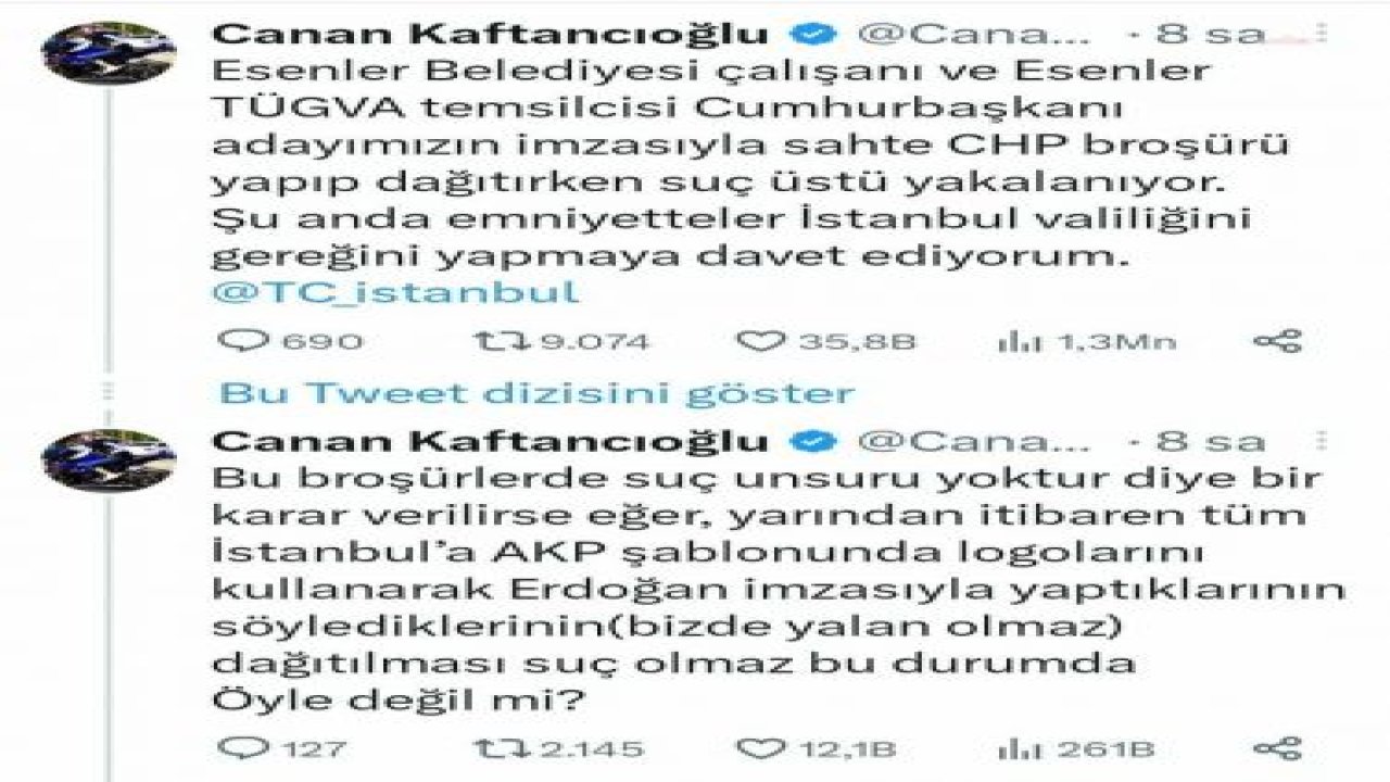 CHP, ESENLER BELEDİYESİ ÇALIŞANI VE TÜGVA TEMSİLCİSİNİN SAHTE BROŞÜR DAĞITTIĞINI TESPİT ETTİ. KAFTANCIOĞLU: "İSTANBUL VALİLİĞİ'Nİ GEREĞİNİ YAPMAYA DAVET EDİYORUM"