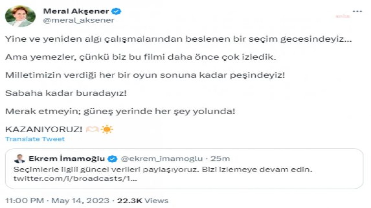 AKŞENER: “ALGI ÇALIŞMALARINDAN BESLENEN BİR SEÇİM GECESİNDEYİZ. MİLLETİMİZİN VERDİĞİ HER BİR OYUN PEŞİNDEYİZ”