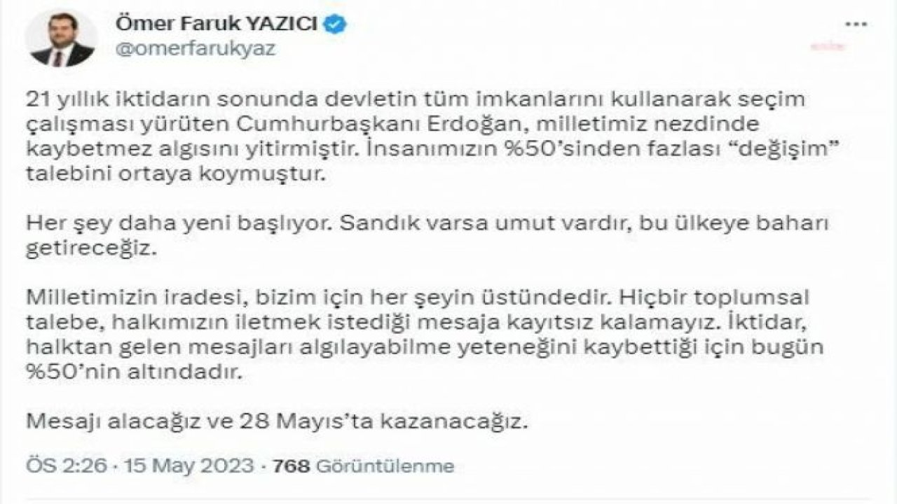 SAADET PARTİSİ İSTANBUL İL BAŞKANI YAZICI: "ERDOĞAN KAYBEDEMEZ ALGISINI YİTİRDİ. İNSANIMIZIN YÜZDE 50'Sİ DEĞİŞİM TALEBİNİ ORTAYA KOYMUŞTUR. 28 MAYIS’TA KAZANACAĞIZ"