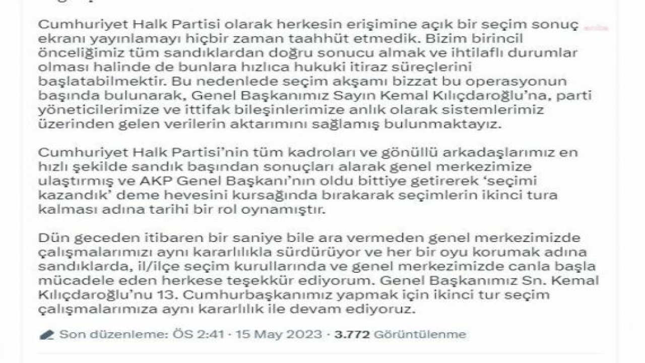 ONURSAL ADIGÜZEL: CHP’NİN TÜM KADROLARI HIZLI BİR ŞEKİLDE SONUÇLARI ALARAK GENEL MERKEZİMİZE ULAŞTIRMIŞ, AKP GENEL BAŞKANI’NIN ‘SEÇİMİ KAZINDIK’ DEME HEVESİNİ KURSAĞINDA BIKARARAK, SEÇİMLERİN İKİNCİ TURA KALMASI ADINA TARİHİ