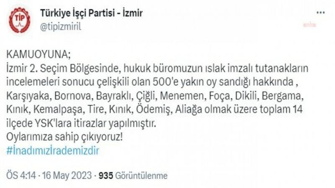 TİP, İZMİR 2. BÖLGE'DE MİLLETVEKİLİ SEÇİMİNİN GENELİNE İTİRAZ ETTİ