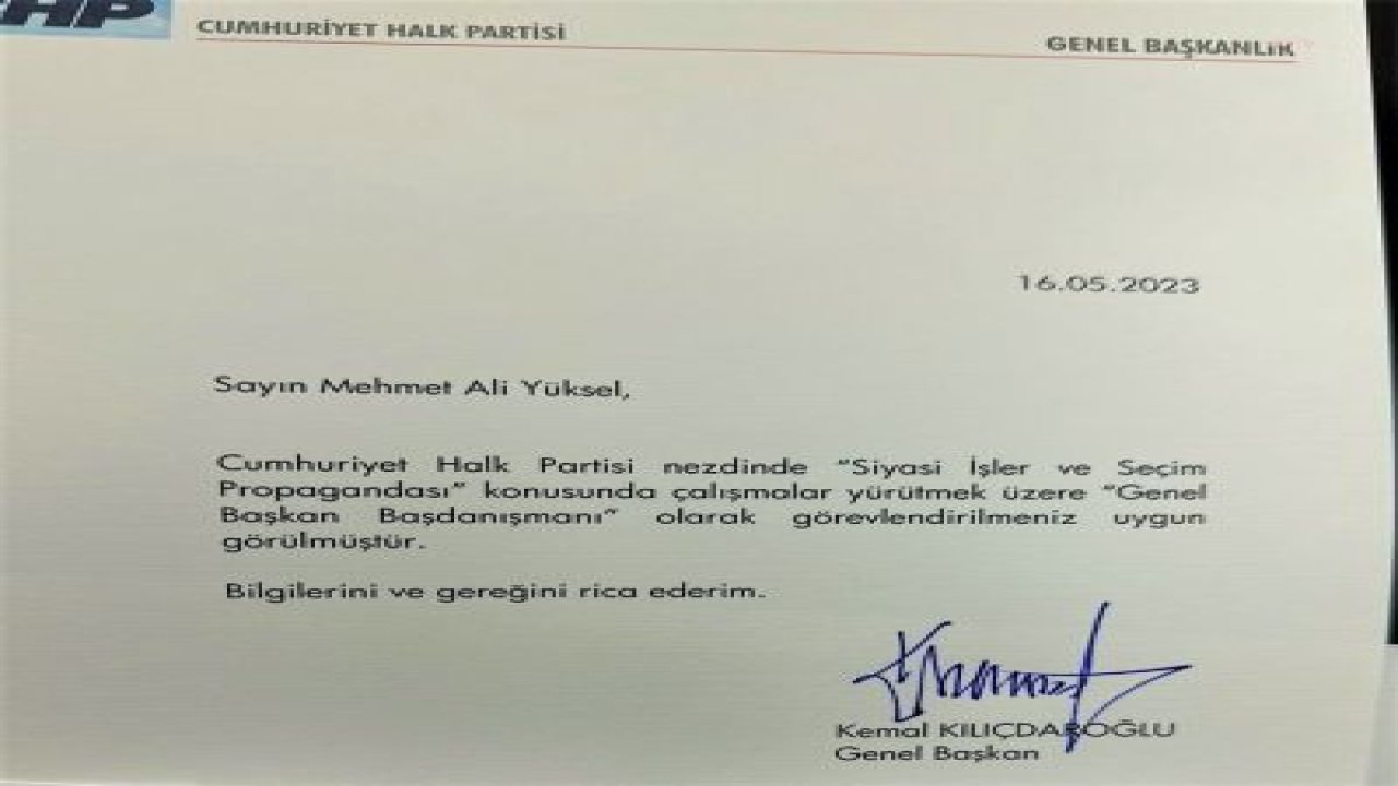 KILIÇDAROĞLU, MEHMET ALİ YÜKSEL'İ "SİYASİ İŞLER VE SEÇİM PROPAGANDASINDAN" SORUMLU BAŞDANIŞMAN OLARAK ATADI