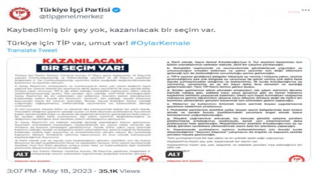 TİP: “MÜŞAHİTLERİMİZİ ÖZELLİKLE KILIÇDAROĞLU’NUN AZ OY ALDIĞI GÖRÜLEN SANDIKLARA YÖNLENDİRMEK ÜZERE ÖZEL BİR PLANLAMA YAPACAĞIZ”