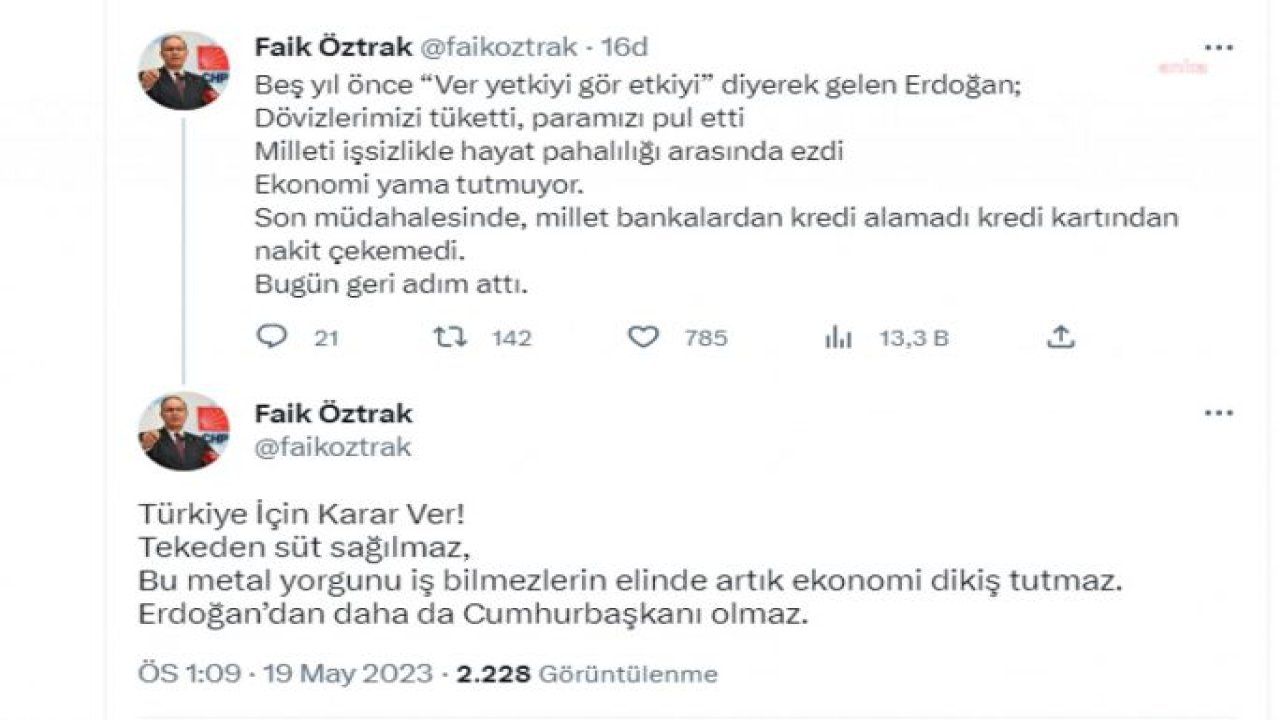 FAİK ÖZTRAK: “BU METAL YORGUNU İŞ BİLMEZLERİN ELİNDE ARTIK EKONOMİ DİKİŞ TUTMAZ. ERDOĞAN’DAN DAHA DA CUMHURBAŞKANI OLMAZ”