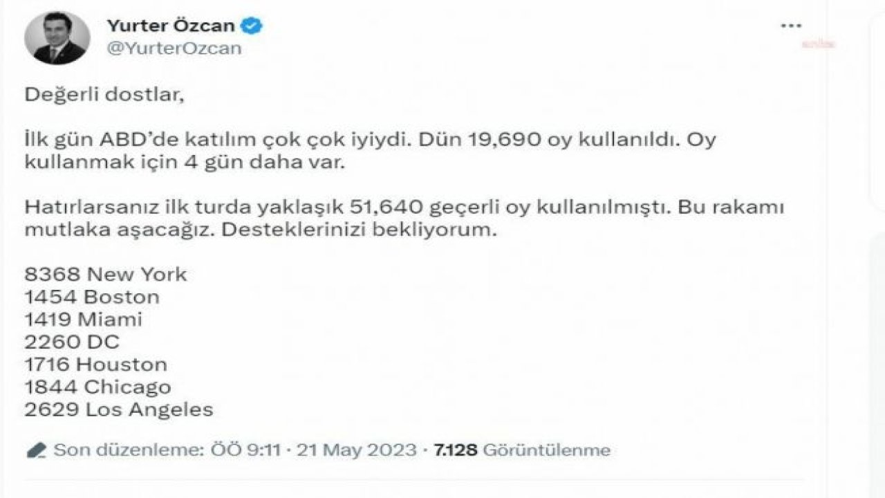 CHP ABD TEMSİLCİSİ ÖZCAN: İLK GÜN 19 BİN 690 OY KULLANILDI