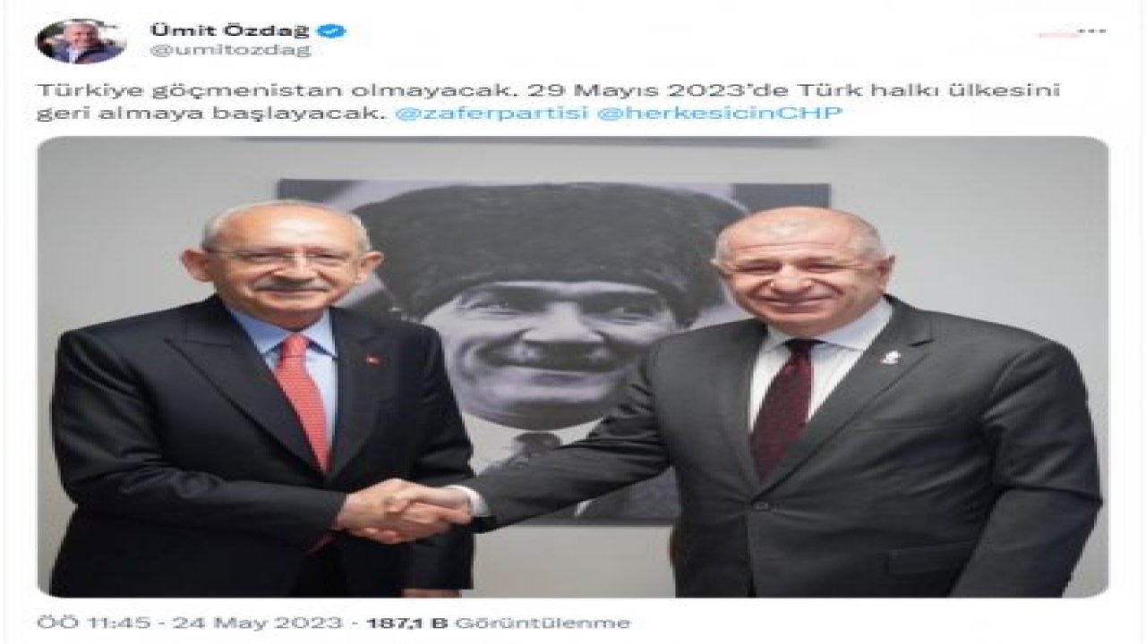 ÜMİT ÖZDAĞ, KEMAL KILIÇDAROĞLU İLE FOTOĞRAFINI PAYLAŞTI… “TÜRKİYE GÖÇMENİSTAN OLMAYACAK. 29 MAYIS 2023’DE TÜRK HALKI ÜLKESİNİ GERİ ALMAYA BAŞLAYACAK”