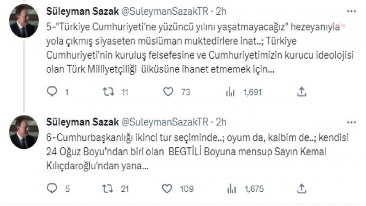 SÜLEYMAN SERVET SAZAK: “CUMHURBAŞKANLIĞI 2. TUR SEÇİMİNDE OYUM DA KALBİM DE SAYIN KEMAL KILIÇDAROĞLU'NDAN YANA”