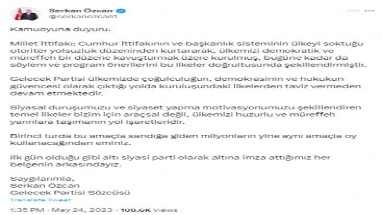 SERKAN ÖZCAN: “İLK GÜN OLDUĞU GİBİ, ALTI SİYASİ PARTİ OLARAK ALTINA İMZA ATTIĞIMIZ HER BELGENİN ARKASINDAYIZ”