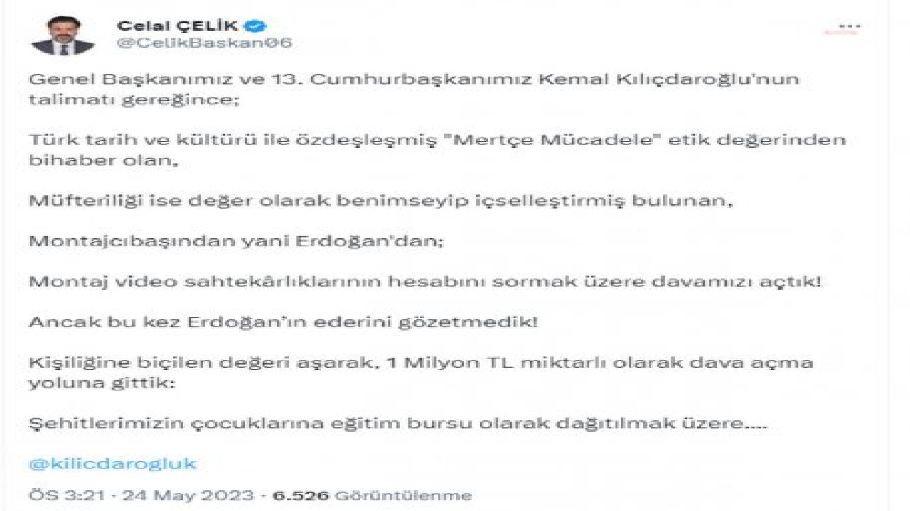 KILIÇDAROĞLU’NUN AVUKATI CELAL ÇELİK: “MONTAJCIBAŞINDAN YANİ ERDOĞAN'DAN, MONTAJ VİDEO SAHTEKÂRLIKLARININ HESABINI SORMAK ÜZERE DAVAMIZI AÇTIK”