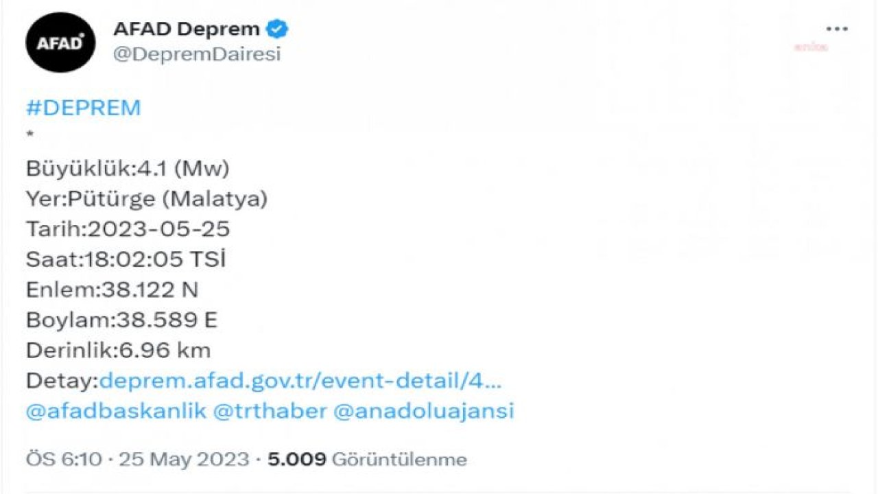 MALATYA PÜTÜRGE'DE 4.1 BÜYÜKLÜĞÜNDE DEPREM OLDU