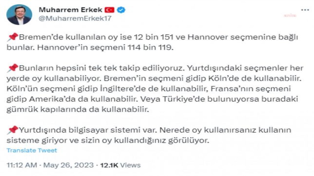 MUHARREM ERKEK: “YURT DIŞINDA BİLGİSAYAR SİSTEMİ VAR. NEREDE OY KULLANIRSANIZ KULLANIN SİSTEME GİRİYOR VE SİZİN OY KULLANDIĞINIZ GÖRÜLÜYOR”