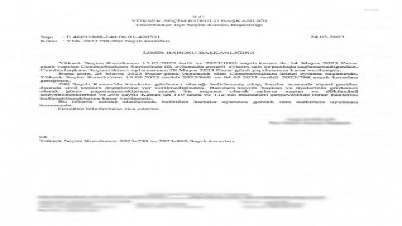 İZMİR BAROSU’NDAN GÜZELBAHÇE İLÇE SEÇİM KURULU’NA: “AVUKATLIK KANUNU BAŞTA OLMAK ÜZERE YASALARIN VERDİĞİ GÖREV VE YETKİLERİN KULLANMASINI ENGELLEYENLERE KARŞI DÜN OLDUĞU GİBİ BUGÜN DE BOYUN EĞMEYECEĞİZ"