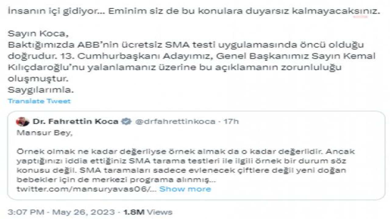 MANSUR YAVAŞ’TAN BAKAN KOCA’YA: “ANKARA BÜYÜKŞEHİR BELEDİYESİ, YENİ EVLENECEK VATANDAŞLARINA, İSTEĞE BAĞLI ÜCRETSİZ SMA TESTİ YAPAN İLK DEVLET KURUMU OLMUŞTUR”