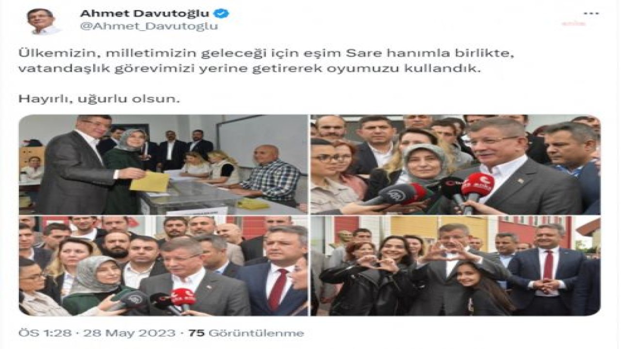 DAVUTOĞLU: ÜLKEMİZİN, MİLLETİMİZİN GELECEĞİ İÇİN EŞİM SARE HANIMLA BİRLİKTE, VATANDAŞLIK GÖREVİMİZİ YERİNE GETİREREK OYUMUZU KULLANDIK