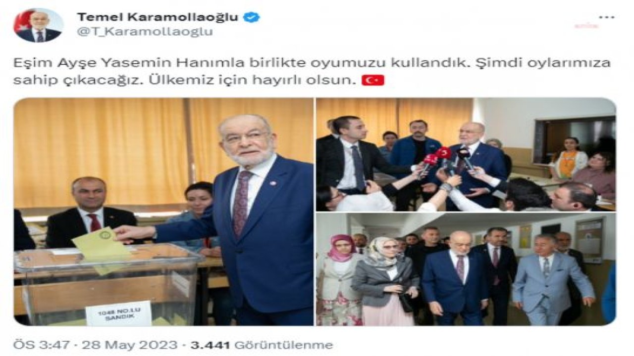 KARAMOLLAOĞLU: “EŞİM AYŞE YASEMİN HANIMLA BİRLİKTE OYUMUZU KULLANDIK. ŞİMDİ OYLARIMIZA SAHİP ÇIKACAĞIZ”