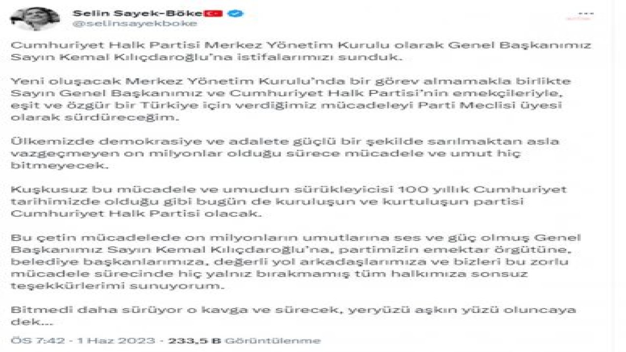 SELİN SAYEK BÖKE: “YENİ OLUŞACAK MERKEZ YÖNETİM KURULU’NDA BİR GÖREV ALMAMAKLA BİRLİKTE CUMHURİYET HALK PARTİSİ’NİN EMEKÇİLERİYLE, EŞİT VE ÖZGÜR BİR TÜRKİYE İÇİN VERDİĞİMİZ MÜCADELEYİ PARTİ MECLİSİ ÜYESİ OLARAK SÜRDÜRECEĞİM”