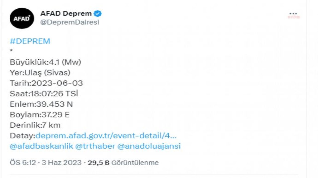 SİVAS’IN ULAŞ İLÇESİNDE 4.1 BÜYÜKLÜĞÜNDE DEPREM