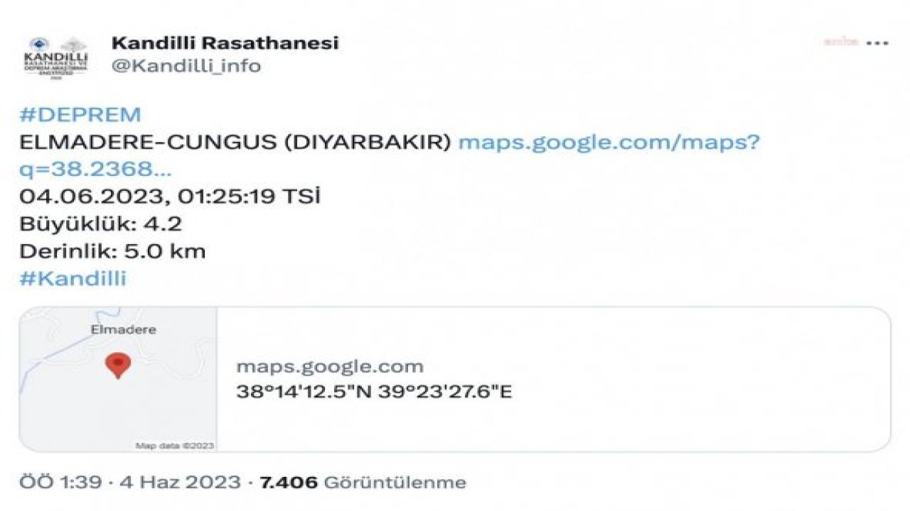 DİYARBAKIR ÇÜNGÜŞ’TE 4.2 BÜYÜKLÜĞÜNDE DEPREM OLDU