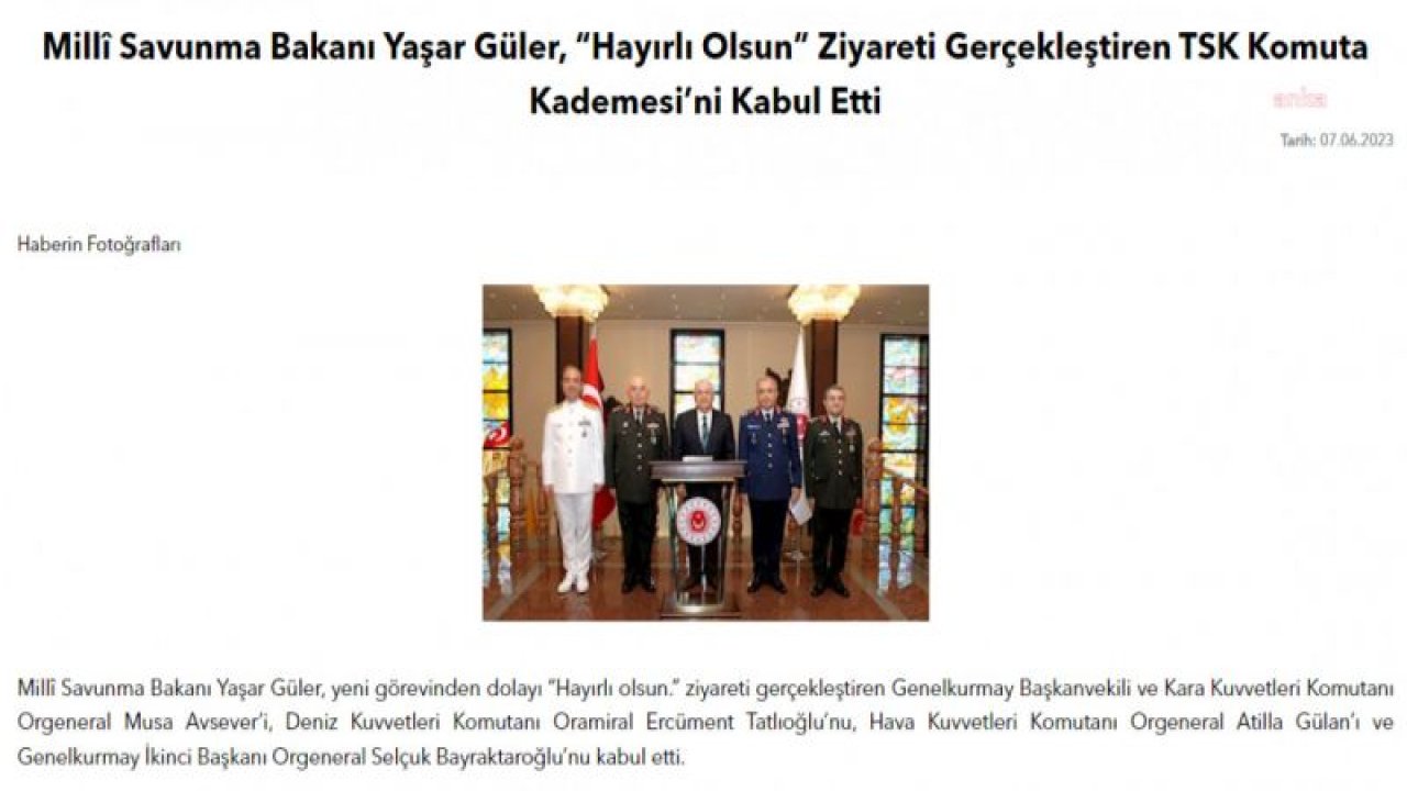 GENELKURMAY BAŞKANVEKİLİ VE KUVVET KOMUTANLARINDAN MİLLİ SAVUNMA BAKANI YAŞAR GÜLER’E 'HAYIRLI OLSUN' ZİYARETİ