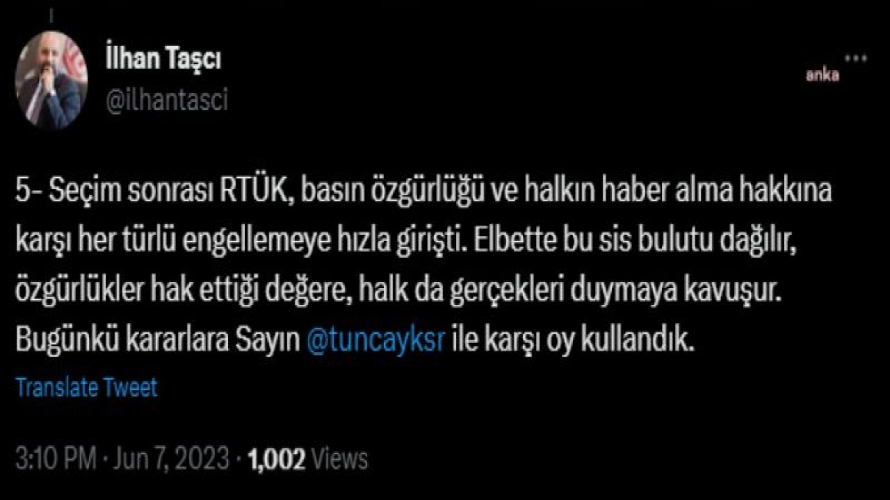 RTÜK ÜYESİ İLHAN TAŞCI, FOX TV, HALK TV, TELE 1 VE FLASH TV’YE PARA CEZASI VERİLDİĞİNİ DUYURDU: “SEÇİM SONRASI RTÜK, BASIN ÖZGÜRLÜĞÜ VE HALKIN HABER ALMA HAKKINA KARŞI HER TÜRLÜ ENGELLEMEYE HIZLA GİRİŞTİ”