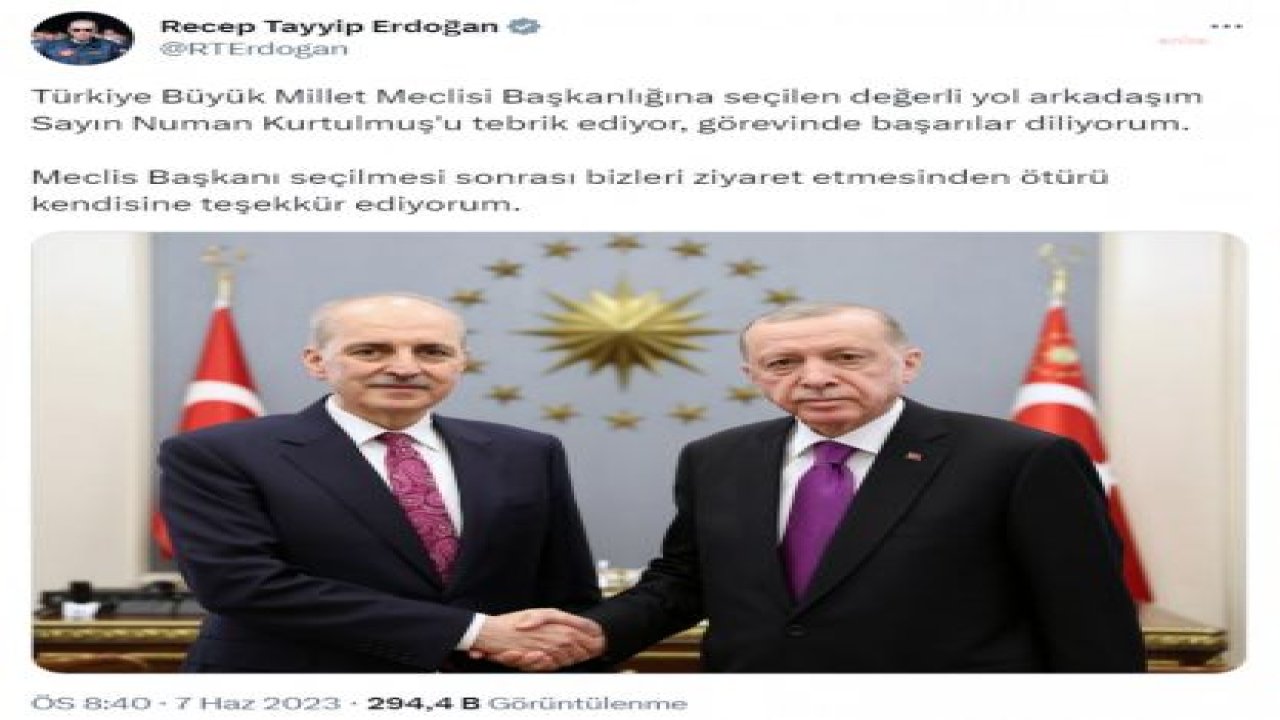 CUMHURBAŞKANI ERDOĞAN, TBMM BAŞKANI SEÇİLEN KURTULMUŞ'U CUMHURBAŞKANLIĞI'NDA KABUL ETTİ