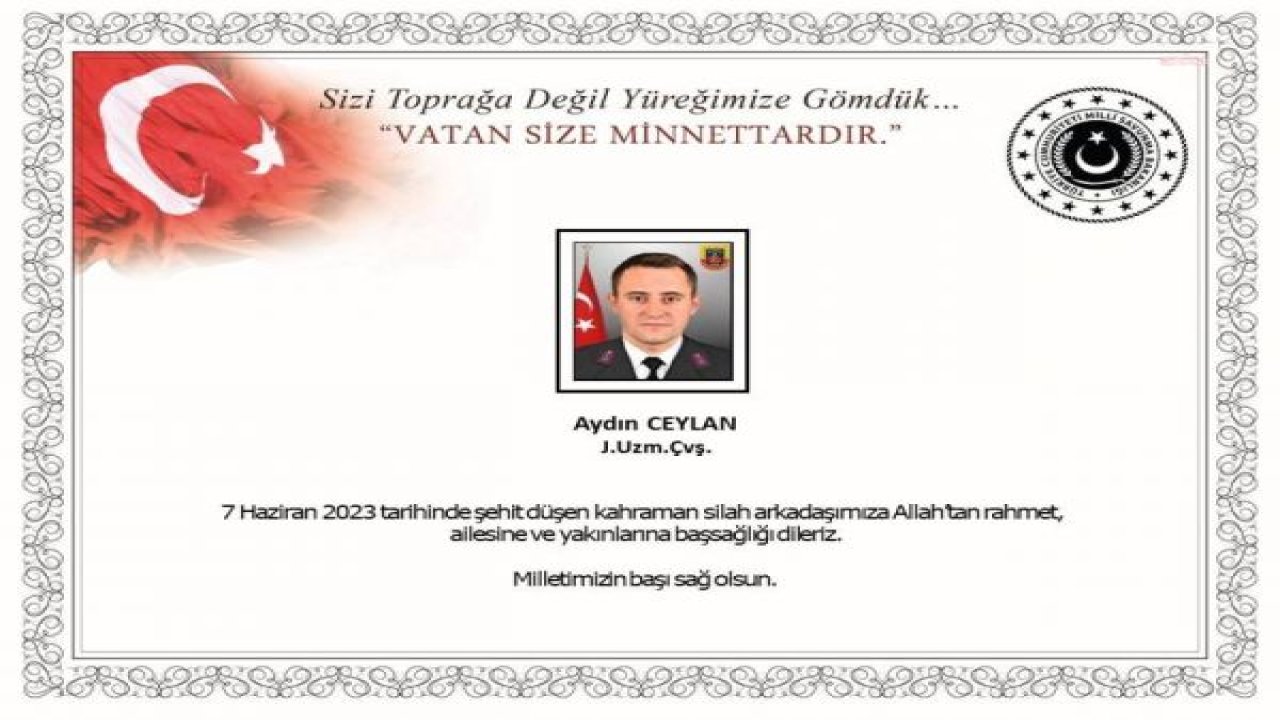 MİLLİ SAVUNMA BAKANLIĞI, UZMAN ÇAVUŞ AYDIN CEYLAN’IN ŞEHİT OLDUĞUNU DUYURDU