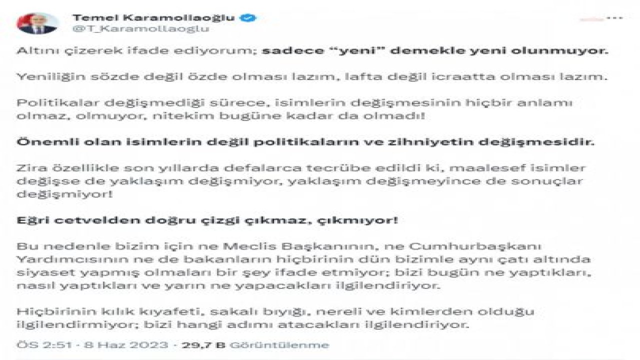 TEMEL KARAMOLLAOĞLU’NDAN YENİ HÜKÜMETE ELEŞTİRİ: “EĞRİ CETVELDEN DOĞRU ÇİZGİ ÇIKMAZ”