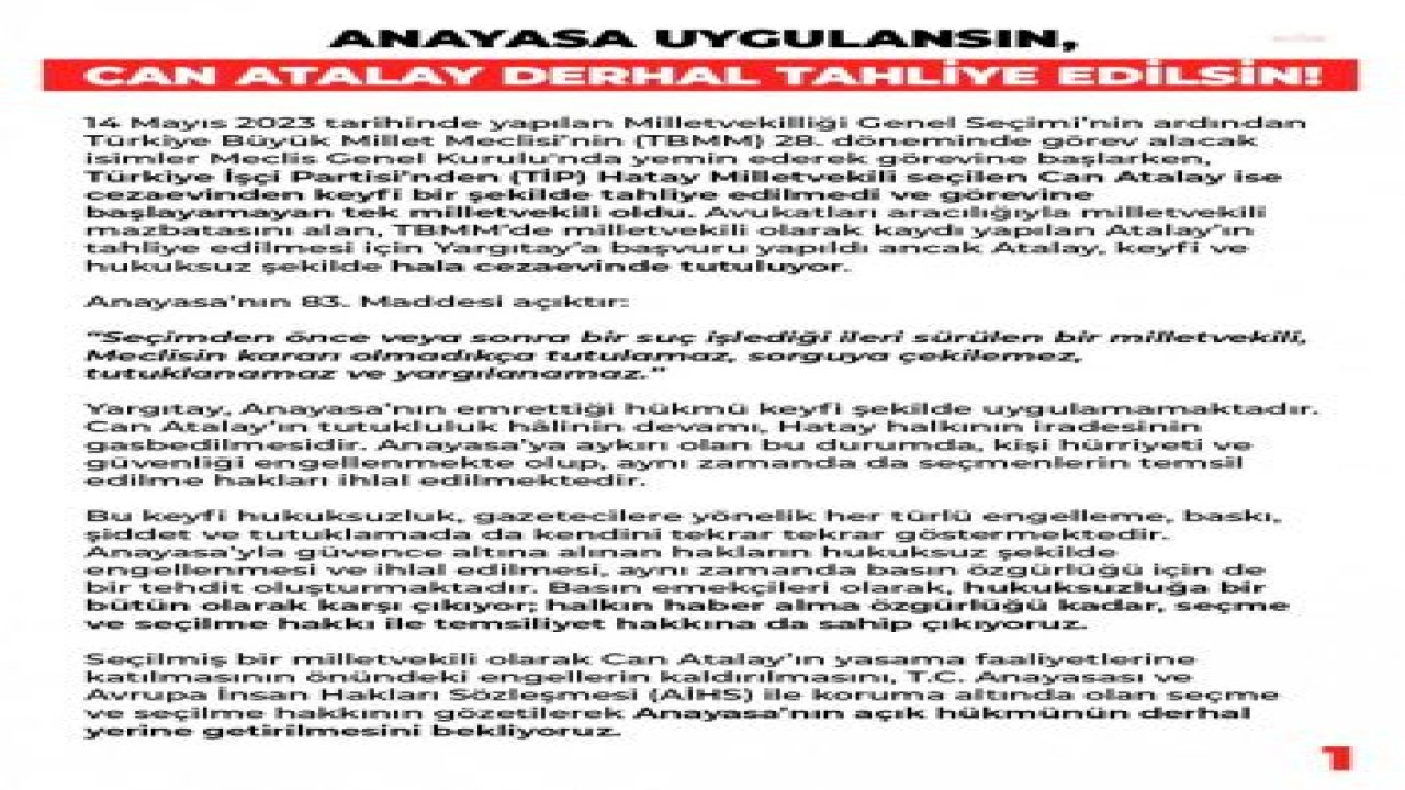 210 GAZETECİDEN YARGITAY’A ÇAĞRI: “CAN ATALAY’IN YASAMA FAALİYETLERİNE KATILMASININ ÖNÜNDEKİ ENGELLERİN KALDIRILMASINI, ANAYASA’NIN AÇIK HÜKMÜNÜN DERHAL YERİNE GETİRİLMESİNİ BEKLİYORUZ”