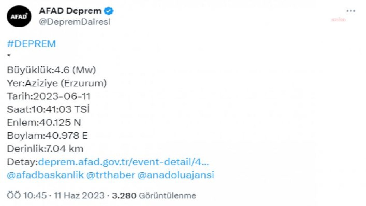 ERZURUM'UN AZİZİYE İLÇESİNDE 4.6 BÜYÜKLÜĞÜNDE DEPREM OLDU