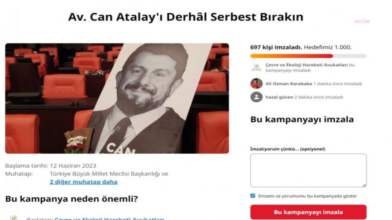 ÇEVRE VE EKOLOJİ HAREKETİ AVUKATLARINDAN CAN ATALAY İÇİN İMZA KAMPANYASI: “AYM’NİN EMSAL KARARLARINA AYKIRI VE KEYFİ BİÇİMDE TAHLİYE EDİLMEMEKTEDİR”