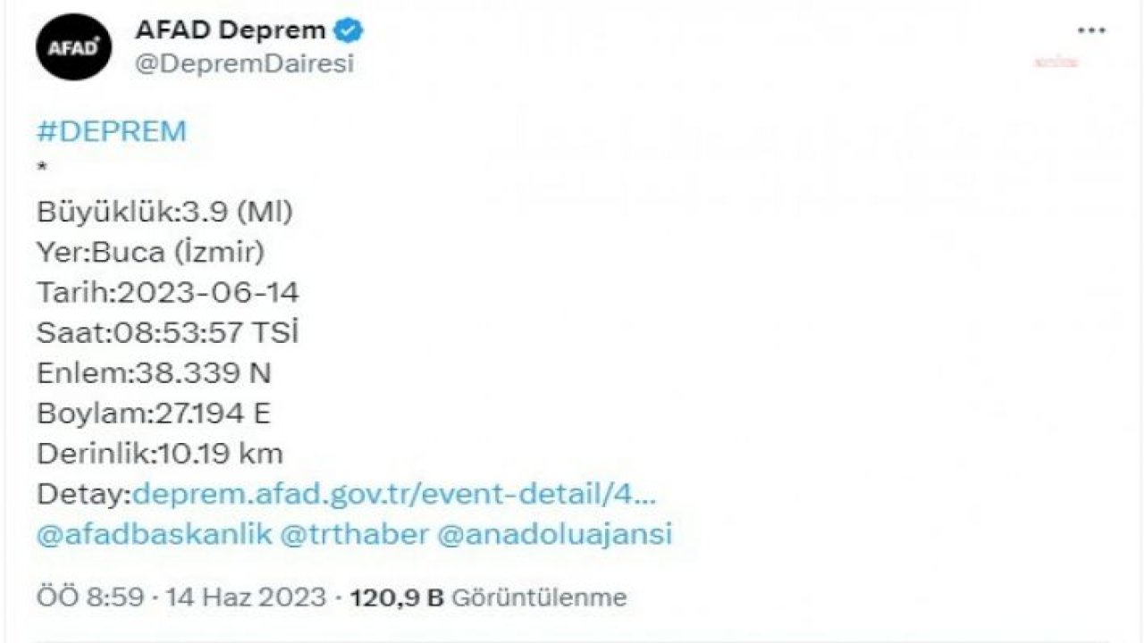 İZMİR'DE 3.9 BÜYÜKLÜĞÜNDE DEPREM OLDU