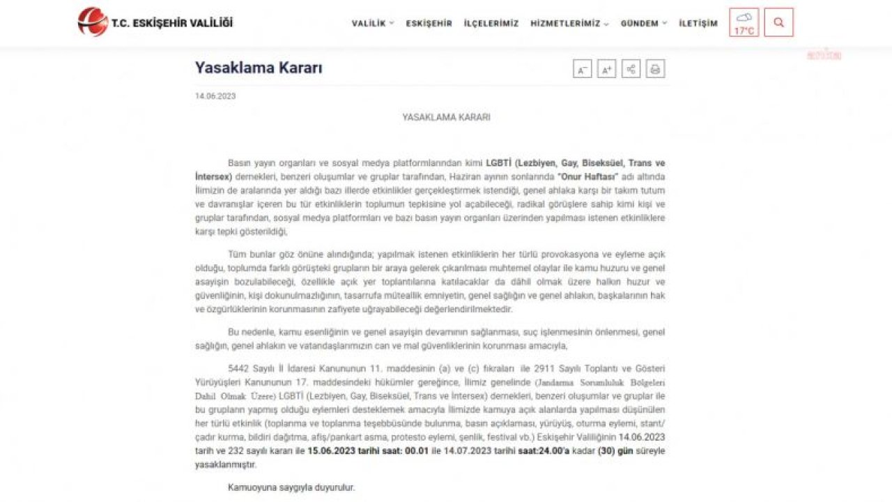 ESKİŞEHİR VALİLİĞİ’NDEN ONUR HAFTASI YASAĞI: KENTTEKİ EYLEM, ŞENLİK, YÜRÜYÜŞ VE FESTİVALLER 30 GÜN SÜREYLE YASAKLANDI