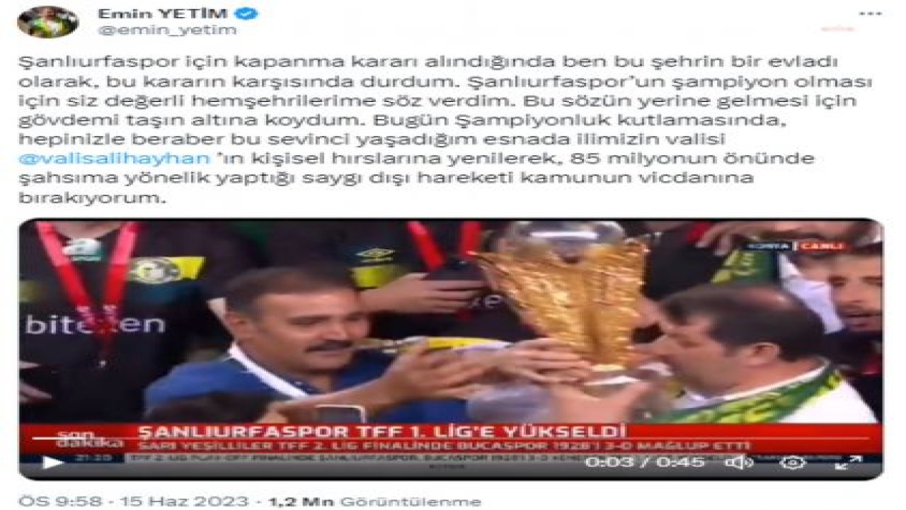 UĞUR POYRAZ’DAN ŞANLIURFA VALİSİ'NE TEPKİ: “BU MAKAMLAR GEÇİCİDİR SALİH BEY. MESELE, MİLLETİN KALBİNE NAKŞOLABİLMEKTİR”