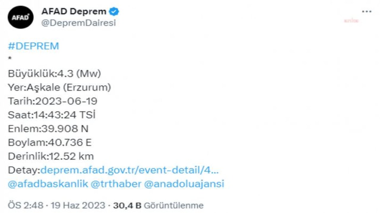 ERZURUM’UN AŞKALE İLÇESİNDE 4.3 BÜYÜKLÜĞÜNDE DEPREM OLDU