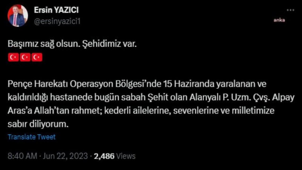 MSB, UZMAN ÇAVUŞ ALPAY ARAS’IN ŞEHİT OLDUĞUNU DUYURDU