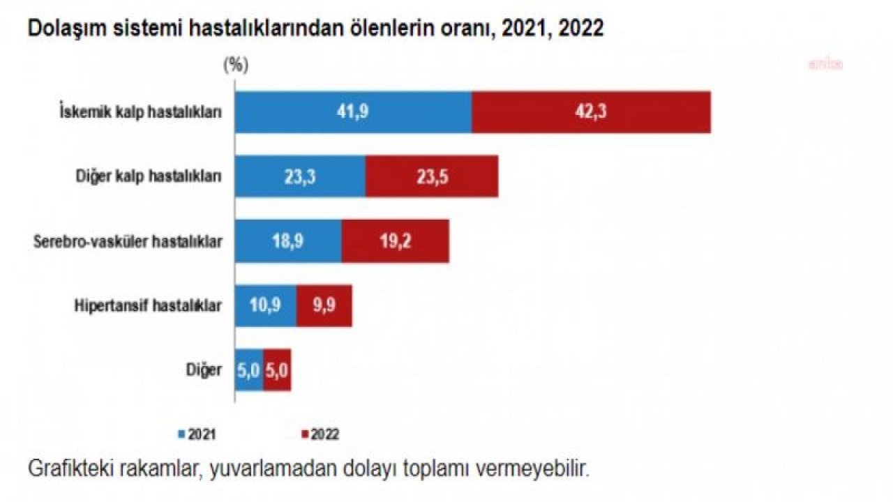 TÜİK: 2022'DE ÖLÜM SAYISI BİR ÖNCEKİ YILA GÖRE YÜZDE 10,9 GERİLEDİ. ÖLÜM NEDENLERİNİN BAŞINDA DOLAŞIM SİSTEMİ KAYNAKLI HASTALIKLAR YER ALDI