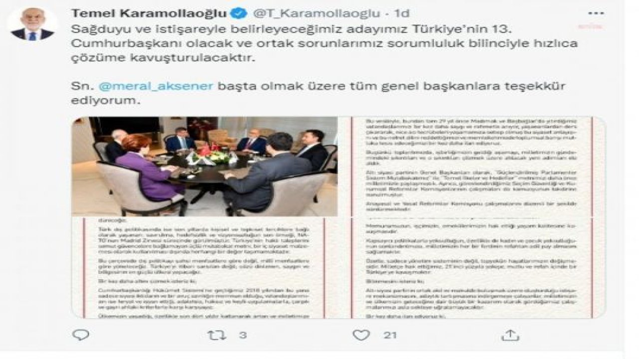 KARAMOLLAOĞLU: “SAĞDUYU VE İSTİŞAREYLE BELİRLEYECEĞİMİZ ADAYIMIZ TÜRKİYE’NİN 13. CUMHURBAŞKANI OLACAK”