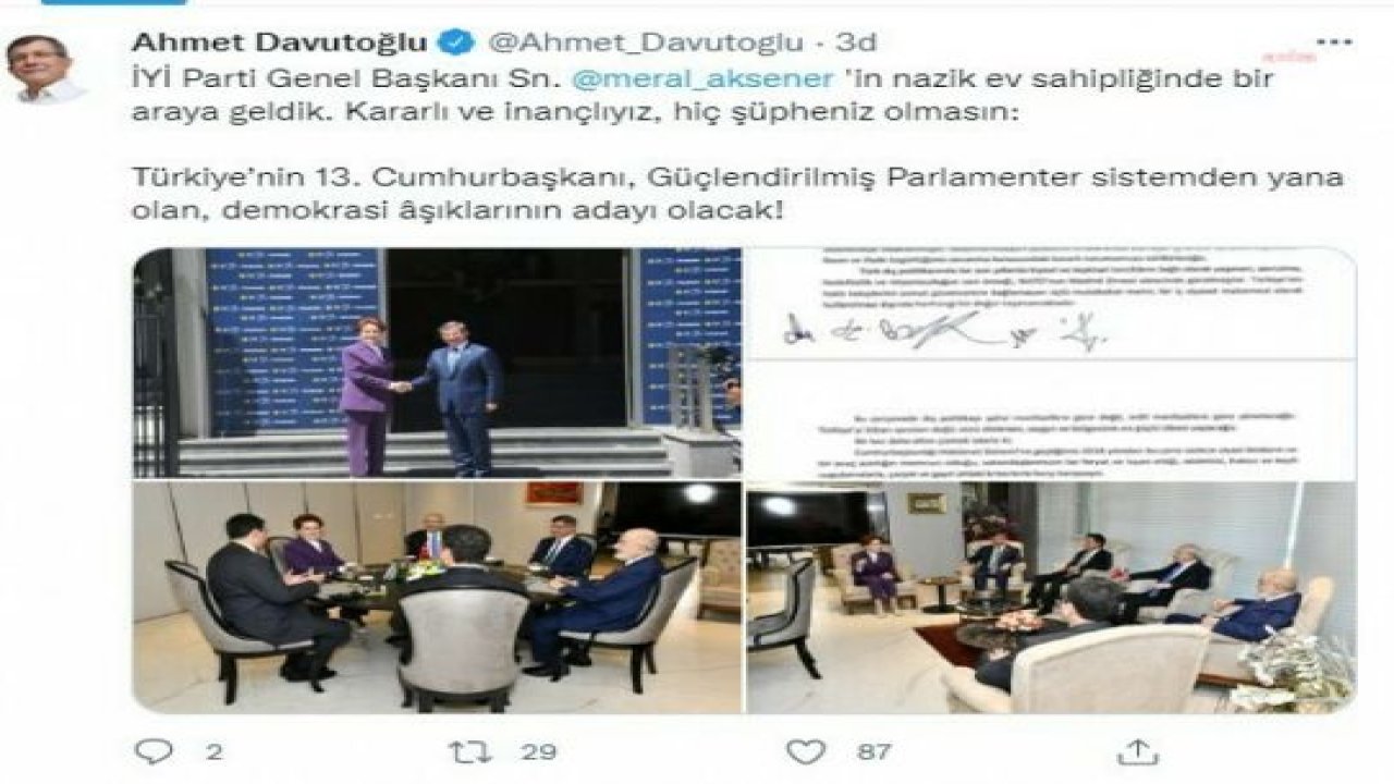 DAVUTOĞLU: “TÜRKİYE’NİN 13. CUMHURBAŞKANI, GÜÇLENDİRİLMİŞ PARLAMENTER SİSTEMDEN YANA OLAN, DEMOKRASİ ÂŞIKLARININ ADAYI OLACAK”